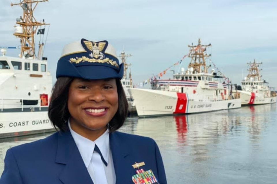 Zeita Merchant presided over the change-of-command ceremony for fellow GW alumnus Lieutenant Commander David Ruhlig, MPA ’18 (left).